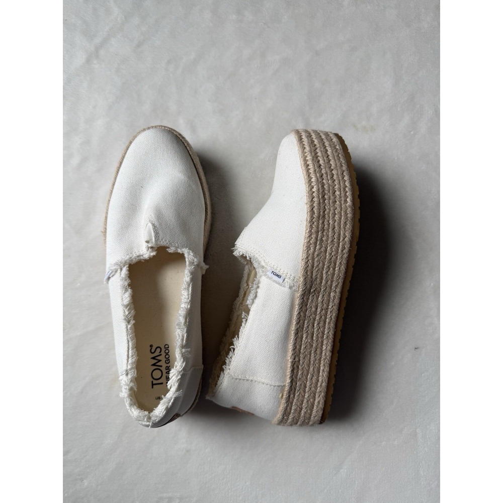 TOMS Valencia Platform Espadrille Slip On White Canvas Shoes Size W7 Coastal